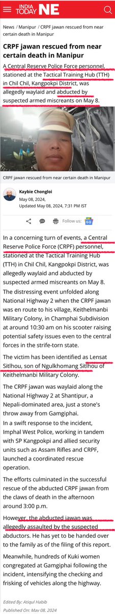 A @crpfindia personnel, who’s been loyally serving this great nation called India 🇮🇳, was abducted by armed Meitei Terrorists. The victim, Lensat Sitlhou, was physically assaulted because he happens to belong to the Kuki-Zo community. @HMOIndia @PMOIndia @NIA_India