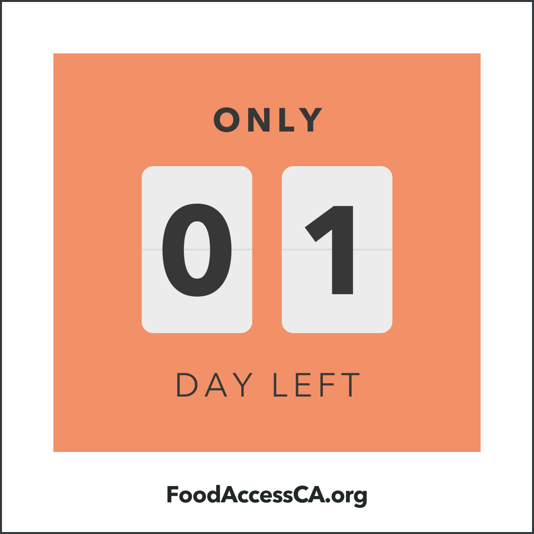 🚨 Last Call! Registration closes TODAY, May 8, 2024, at 11:59 PM PT! 🚨 Don't miss your chance to join us at Food ACCESS 2024 in Sacramento on May 16–17. Secure your spot at FoodAccessCA.org. #FoodAccessCA #FoodAccess24