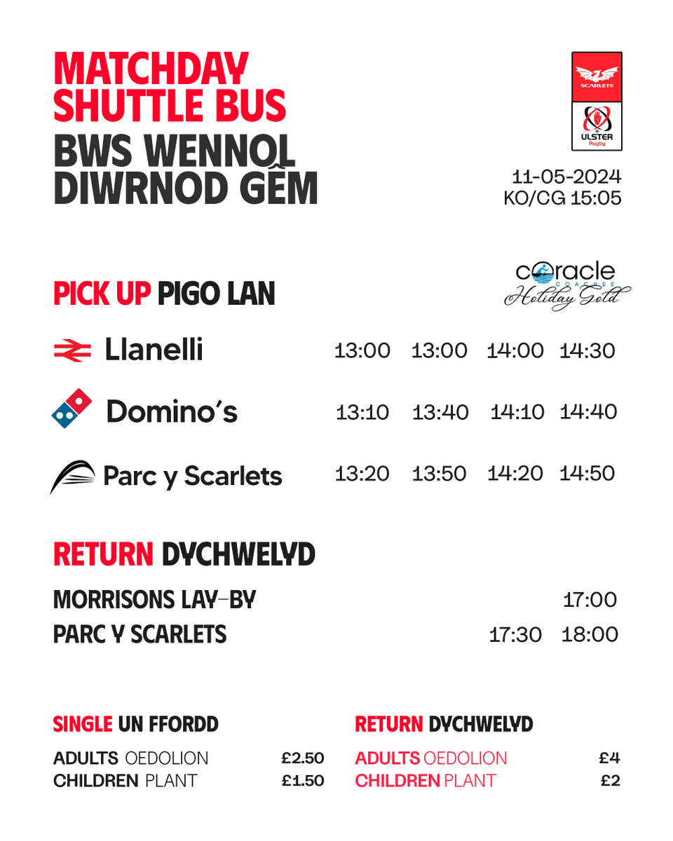 Here's our shuttle bus timetable for this Saturday's fixture at Parc y Scarlets 🚌 Amserlen y bws wennol ar gyfer ein gêm olaf ym Mharc y Scarlets ar Ddydd Sadwrn 🚍 #SCAvULS #BKTURC #YmaOHyd