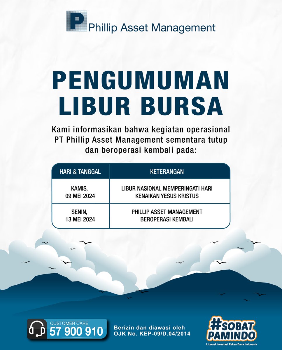 Selamat memperingati kenaikan Yesus Kristus untuk Sobat Pamindo yang merayakan. Semoga semangat dan keberanian-Nya senantiasa menginspirasi hidupmu.

#phillipassetmanagement #manajerinvestasi #reksadana #smartinvestor #SobatPamindo #learningcorner #kenaikanyesuskristus