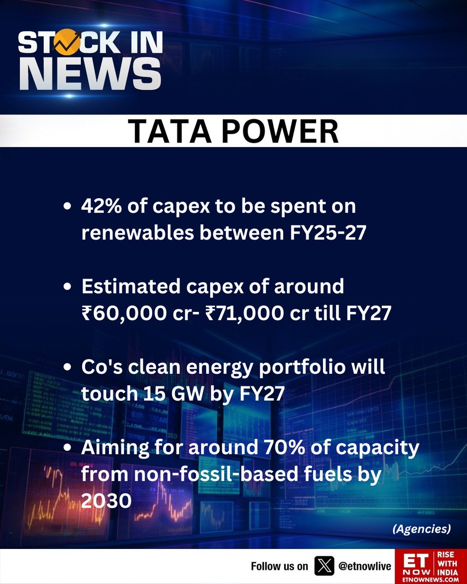 Stocks In News | Tata Power: 42% of capex to be spent on renewables between FY25-27

These are the company's statements on clean energy portfolio, capacity from non-fossil-based fuels and more

 #StockMarket