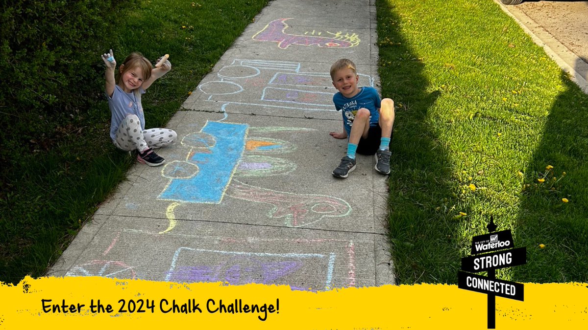 Have you entered into our 2024 Chalk Challenge yet? All you have to do is decorate the sidewalk with chalk, take a picture and submit it to us before May 11. Then, you'll be entered into a random giveaway to receive a $50 gift card! Learn more: forms.waterloo.ca/Neighbourhoods…