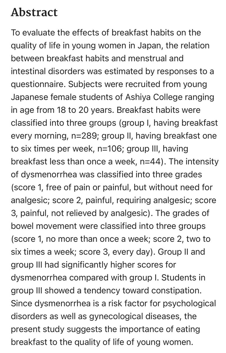 Skipping breakfast is associated with dysmenorrhea in young women in Japan pubmed.ncbi.nlm.nih.gov/14522696/

There are many papers like this. Aside from dietary composition and providing caloric energy and micronutrients for the day, breakfast acts as a zeitgeber, or an external cue that