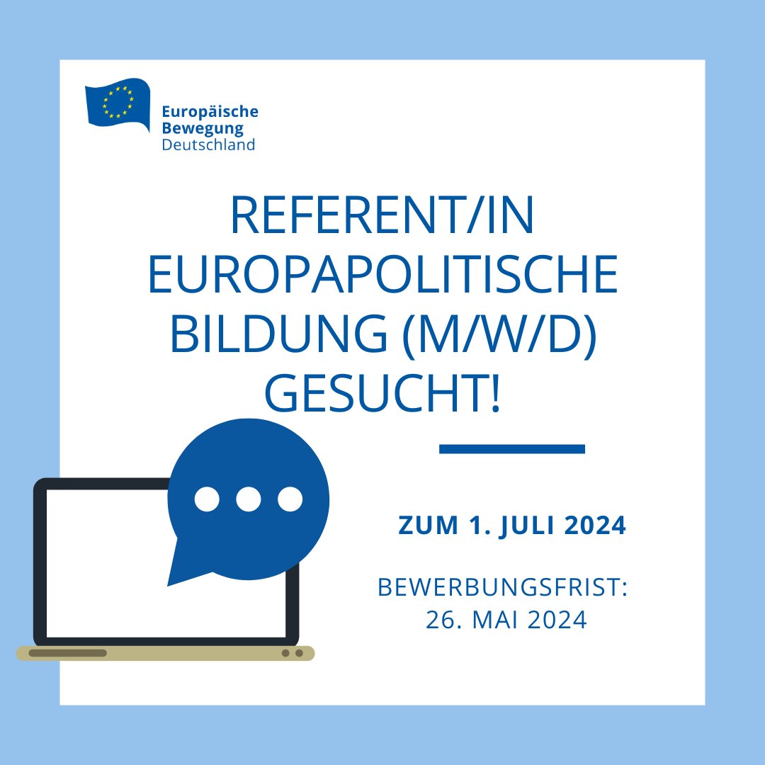 Interesse  an europäischen Bildungsprojekten? Die #EBD sucht zum 1. Juli 2024 einen bzw. eine Referentin (m/w/d) für Europapolitische Bildung. Die unbefristete Stelle ist mit 90 % (35 Wochenstunden) am Vereinssitz in Berlin zu besetzen. ▶️ europaeischer-wettbewerb.de/wp-content/upl…