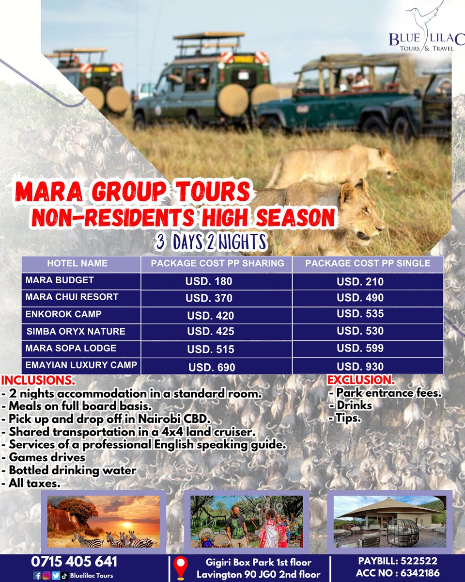 #bestholidaypartner
Best NON-RESIDENT package.
Embark on a once-in-a-lifetime Masai Mara safari adventure with fellow explorers! 🦓🌍

#MasaiMaraSafari #GroupTour #AfricanWildlif #MasaiMaraMagic #GroupAdventure #SafariLife #lions #elephants #kenya