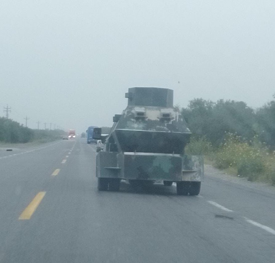 A civilian driver took this picture along the San Fernando - Reynosa highway showing a cartel up-armored vehicle driving with impunity. Source: @FuriaNegra77