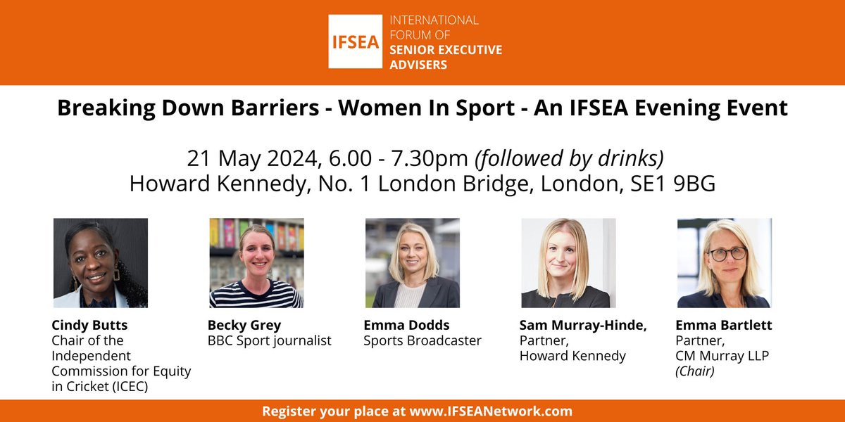 Join us on 21 May for a candid discussion with our esteemed panel of experts at the forefront of championing #genderequity in sports 🏏 ⚽ 🏈 🏆
Register here: ifseanetwork.com/events/breakin… 
#WomeninSport #Diversity #Inclusion #PayEquity #ProfessionalServices #SeniorExecutives