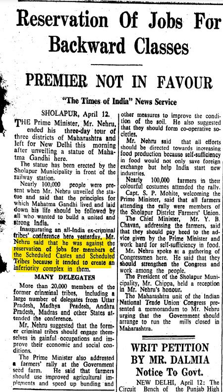 Nehru was against any job reservations to SC and ST