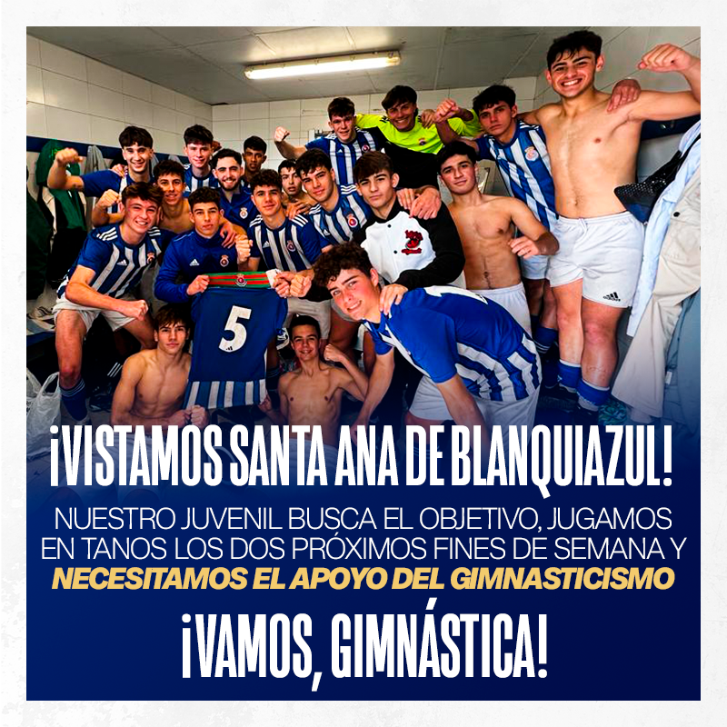 📣 ¡GIMNÁSTICOS Y GIMNÁSTICAS! 🏆 Nuestro Juvenil A juega los dos próximos partidos por el título de #LigaNacional y el ascenso a #DivisiónDeHonor en casa 💙🤍 ¡VISTAMOS SANTA ANA DE BLANQUIAZUL! #UnoDeLosNuestros #CanteraGimnástica