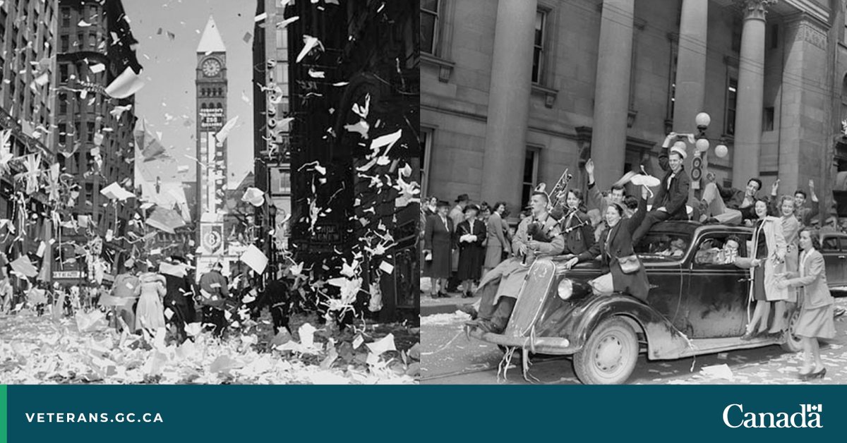In the spring of 1945, Canadian soldiers helped bring the #SWW to a close in Europe. On May 8, 1945—Victory in Europe (V-E) Day—overjoyed citizens took to the streets to celebrate the end of almost six years of fighting. 🔗: ow.ly/KmcH50RzoSm #VEDay #CanadaRemembers