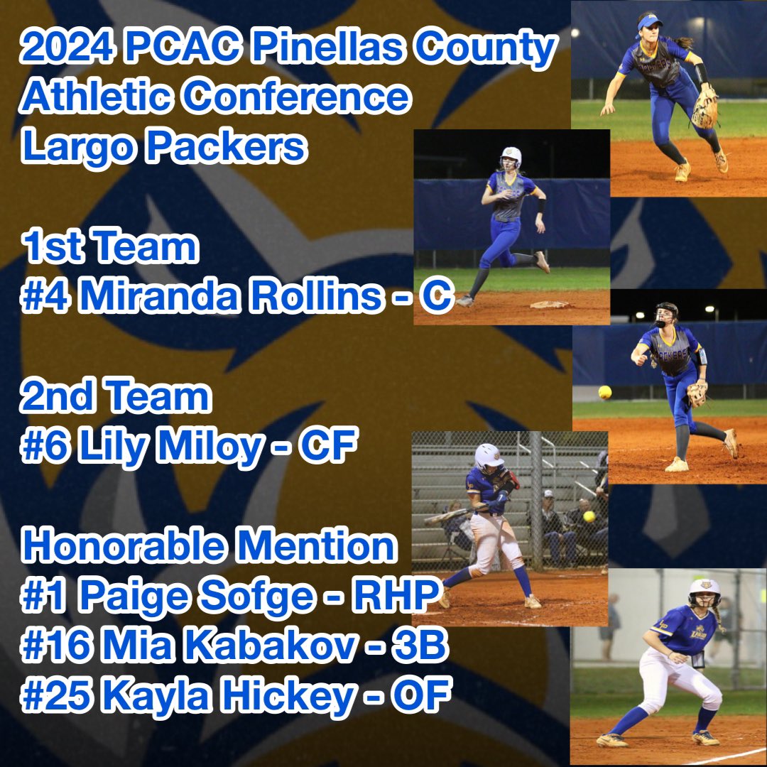 🤩The 2024 PCAC Largo Packers! 🤩 These 5 ladies have been selected by Pinellas County HS coaches for their performances in the Pinellas County Athletc Conference! Congratulations!💙💛@Biggamebobby @CoachJLKing @LargoAthletics @BMFastpitch @BoostSoftball @TopPreps @CoastRecruits