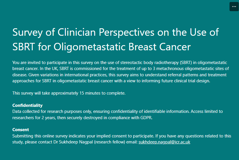 Are you a clinican involved in treating patients with breast cancer? If yes❓- please consider completing this survey on the potential role of #SABR / #SBRT in patients with non-localised breast cancer ⬇️ 🔗forms.office.com/e/DVp7uQYrPj