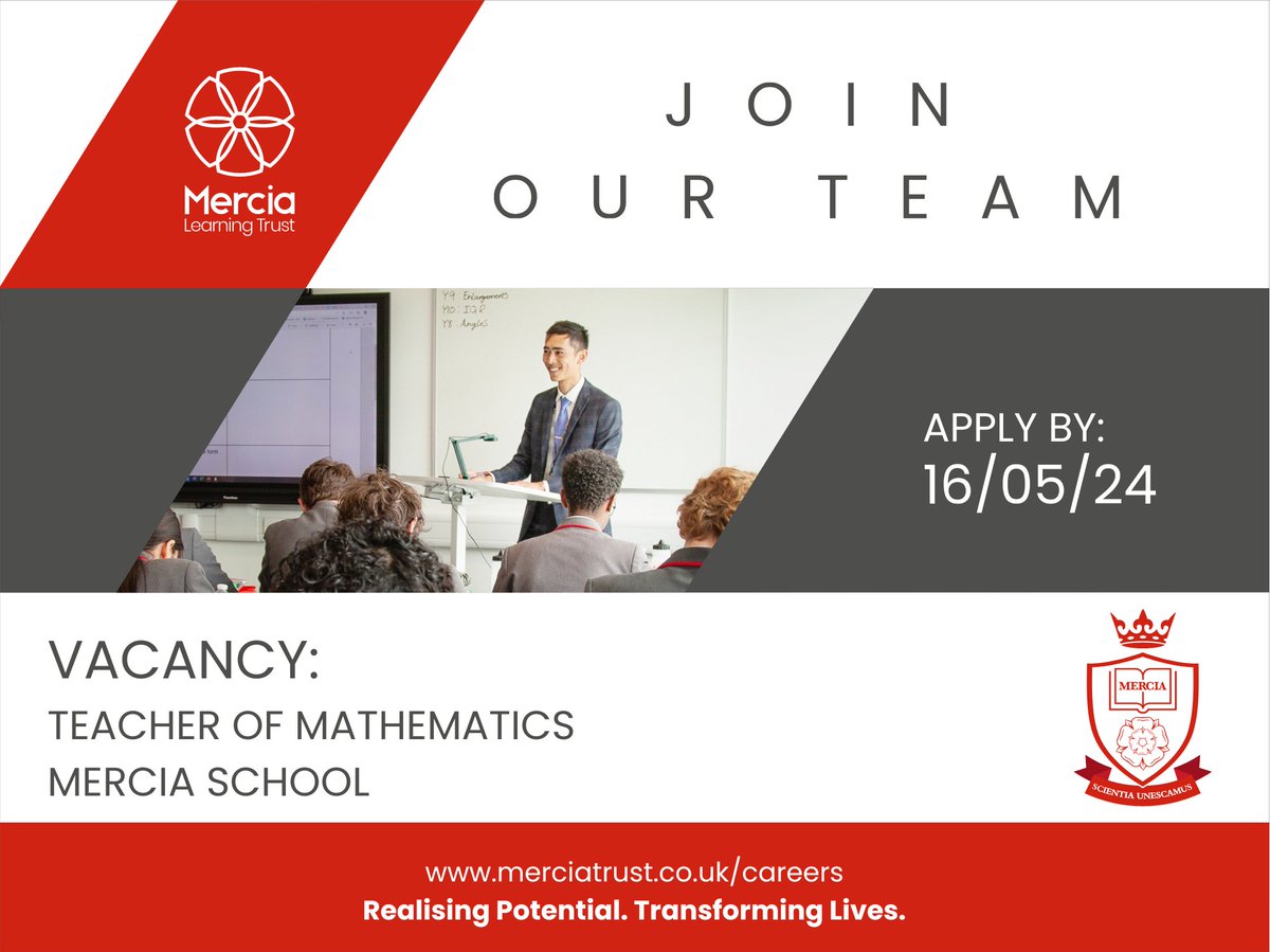 We are seeking to appoint a teacher of mathematics at @MerciaSchool.
Find out more and apply:
eteach.com/careers/mercia…
#sheffield #sheffieldschools #mathsteacher #maths #secondaryteacher #teaching #teacher