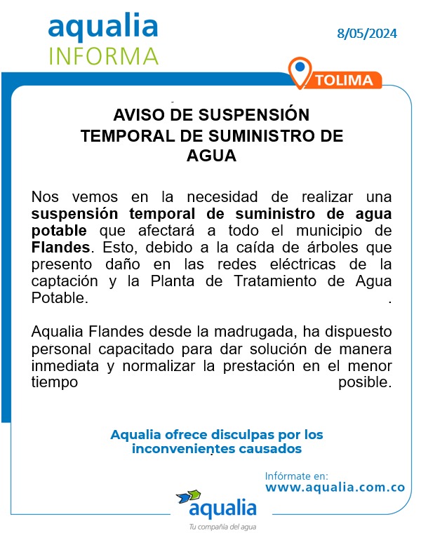 #AqualiaCol_Informa 🇨🇴 | 8 de mayo #Tolima 📣 Infórmate aquí con nuestro último aviso para #Flandes. 

#AqualiaColombia