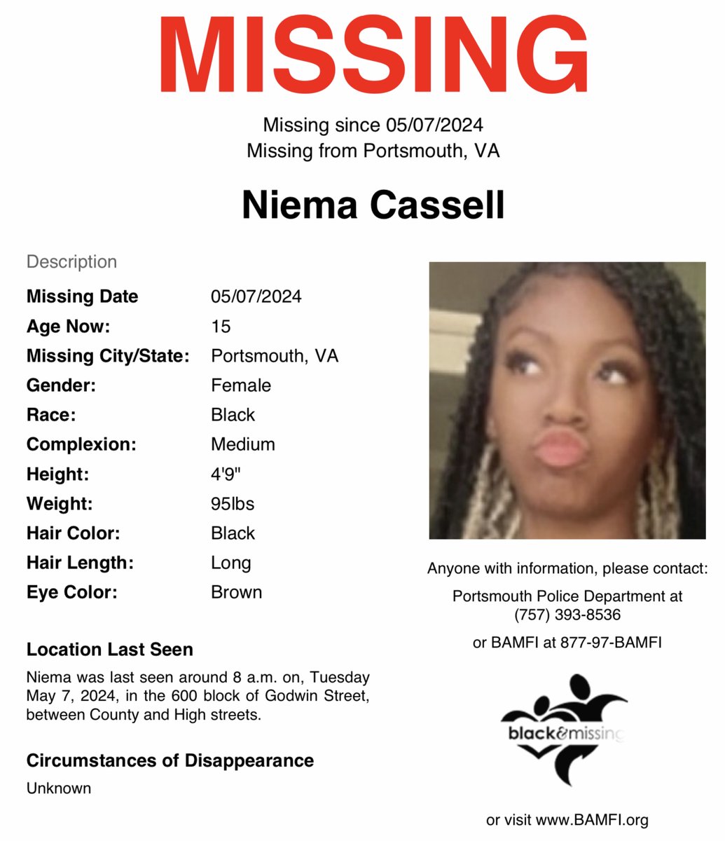 #Portsmouth, #Virginia: 15y/o Niema Cassell may have been abducted, police say Niema was last seen around 8 a.m. yesterday (May 7) in the 600 block of Godwin Street, between County and High streets. Pls SHARE to #HelpUsFindNiema #NiemaCassell