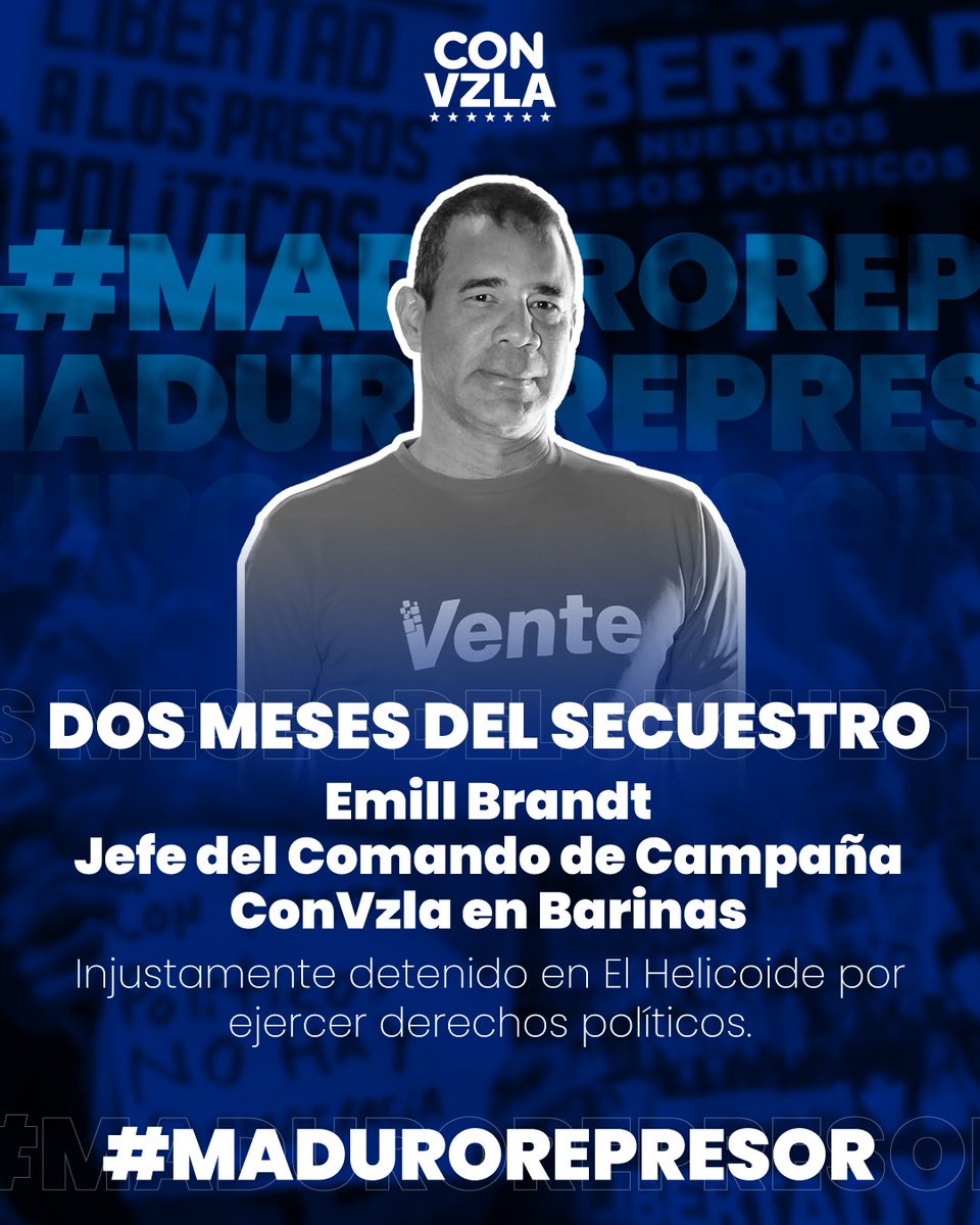 📢Hoy, se cumplen DOS MESES del secuestro de Emill Brandt, jefe del Comando de Campaña de @MariaCorinaYA, en Barinas. 

Actualmente, permanece injustamente detenido en El Helicoide.

‼️ ¡Exigimos #LibertadParaEmill!