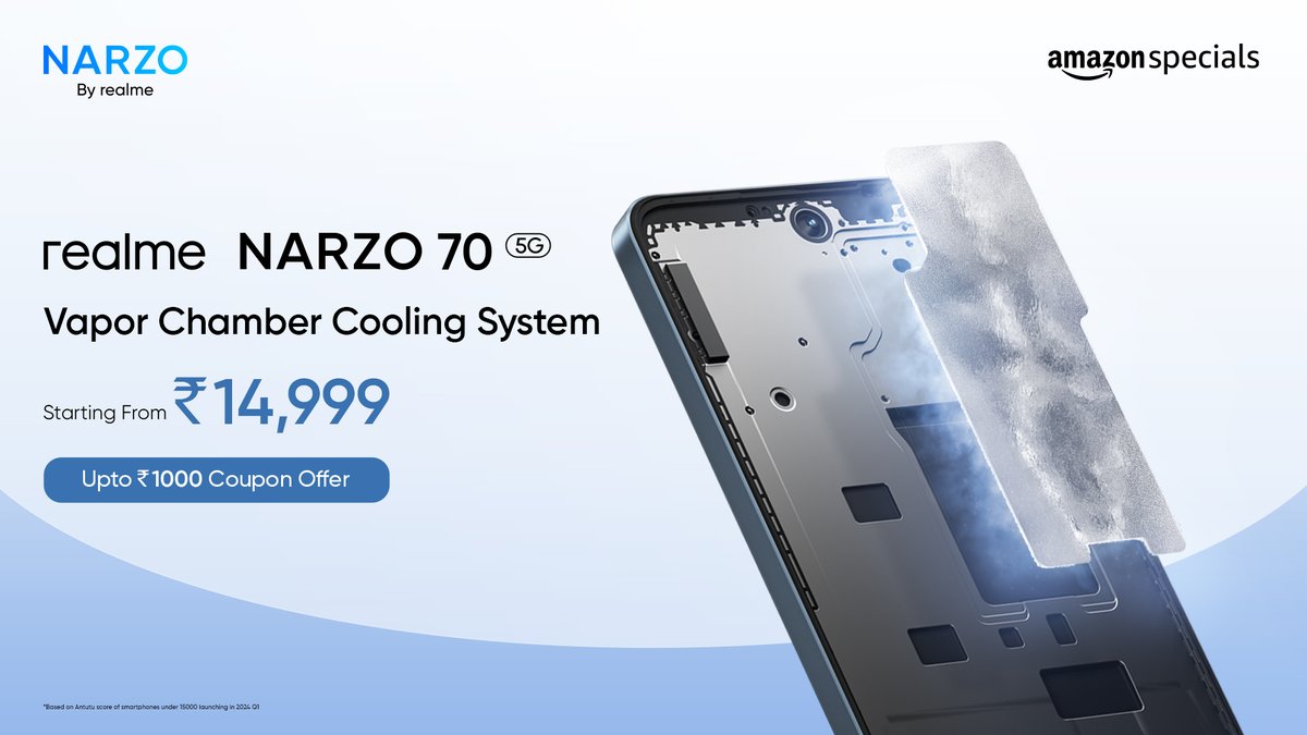 Performance that stays cool, literally! The #realmeNARZO705G boasts a Vapor Chamber Cooling System, starting at just ₹14,999*. Plus, score ₹1,000 off with coupons! *T&C Apply Buy Now on @amazonIN: amzn.to/4bjp7G3