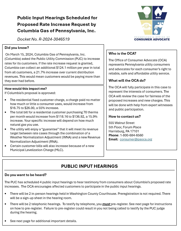 pa_oca's tweet image. Public Input Hearings regarding the Columbia Gas #rateincrease request have been scheduled. Two in-person hearings will be held on May 21 (1 &amp;amp; 6 pm) in #WashingtonPA and two telephonic hearings will be held on May 22 (1 &amp;amp; 6 pm). Learn more: bit.ly/44qxXjh