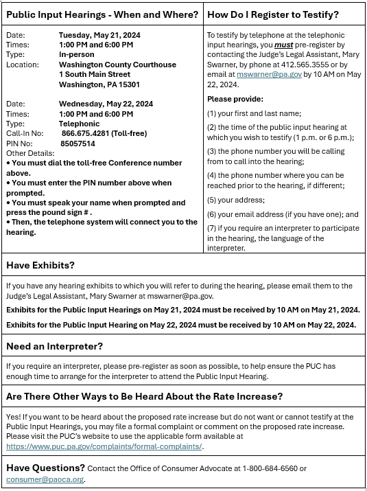 pa_oca's tweet image. Public Input Hearings regarding the Columbia Gas #rateincrease request have been scheduled. Two in-person hearings will be held on May 21 (1 &amp;amp; 6 pm) in #WashingtonPA and two telephonic hearings will be held on May 22 (1 &amp;amp; 6 pm). Learn more: bit.ly/44qxXjh