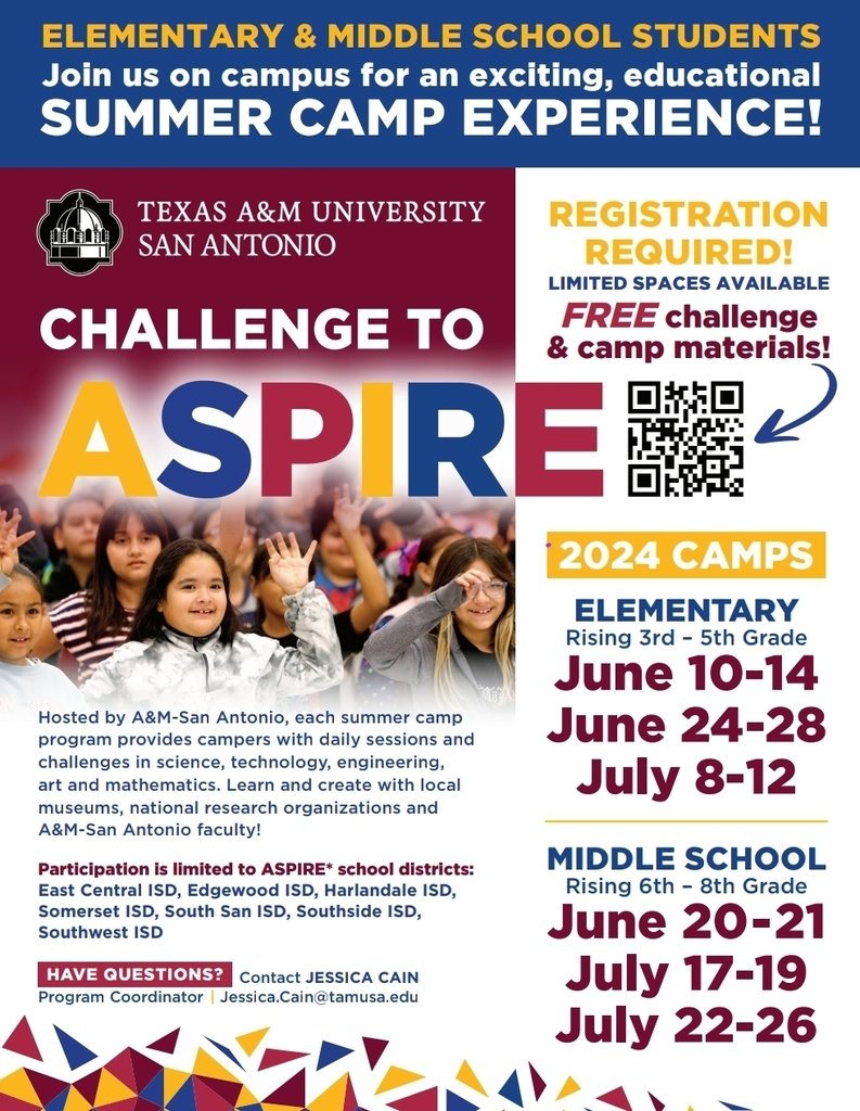 Texas A&M-San Antonio’s Challenge to ASPIRE summer camps are now open for registration! Challenge to ASPIRE is a FREE STEAM-based summer camp for elementary students (rising 3rd-5th graders). Link for details. tamusa.edu/aspire/challen…