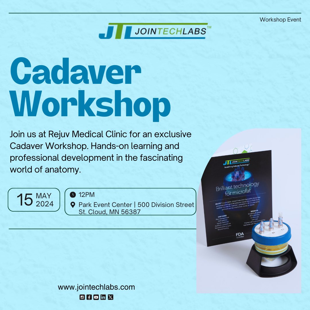 Jointechlabs and @RejuvMedical are teaming up to bring you an immersive Cadaver Workshop on May 15th!

Learn more: jointechlabs.com 

#Jointechlabs #Workshop #RejuvMed #Rejuvenation #MiniTC #RegenerativeMedicine #Prp #Adipose #Microfat #MedicalDevice #MadeInUSA #fdacleare