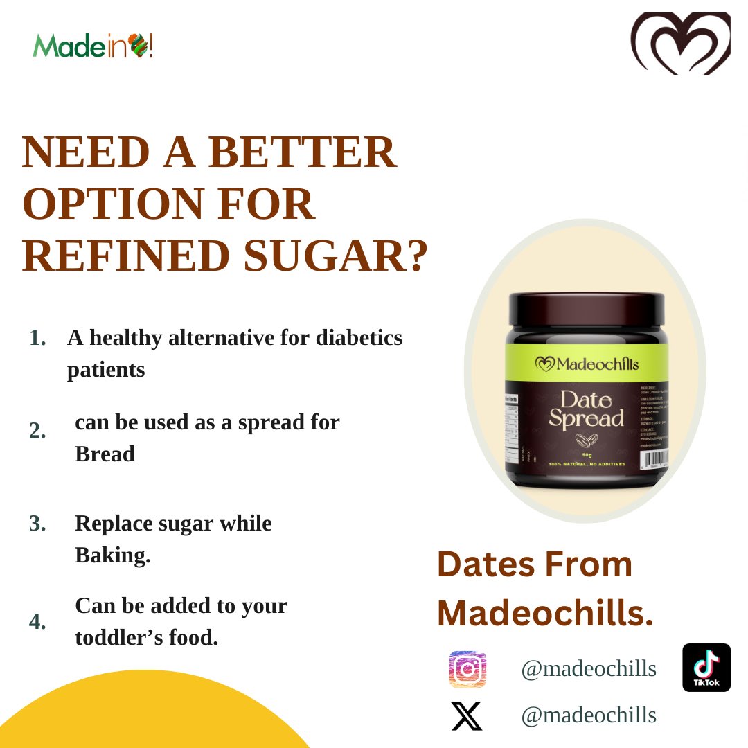 👉🏼 Why damage your health when you can stay healthy ?
👉🏼 @madeochills  has all the sugar alternatives you need. From your bread spread to date powder, she has you covered😌
Send a dm today.

#madeinafrica #madeinnigeriabrands #dates