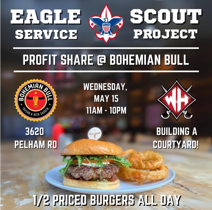 Mark your calendar and come out to @bohemianbull for this profit share on May 15th. Proceeds will go support this Eagle Scout service project. We are planning to construct an outdoor classroom. #LeadingLikeGenerals #eaglescoutproject