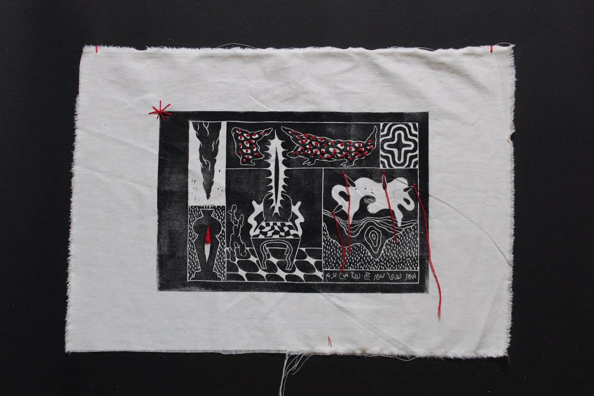 ‘Divine Intervention’ Linocut Print and embroidery on fabric 2024