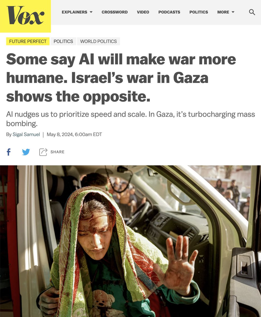 .@SigalSamuel's conversation with @ElkeSchwarz on Israel's AI warfare in Gaza is so interesting & packed with insight: 'The incentives are to use the systems at large scale and in ways that expand violence rather than contract it.' vox.com/future-perfect…