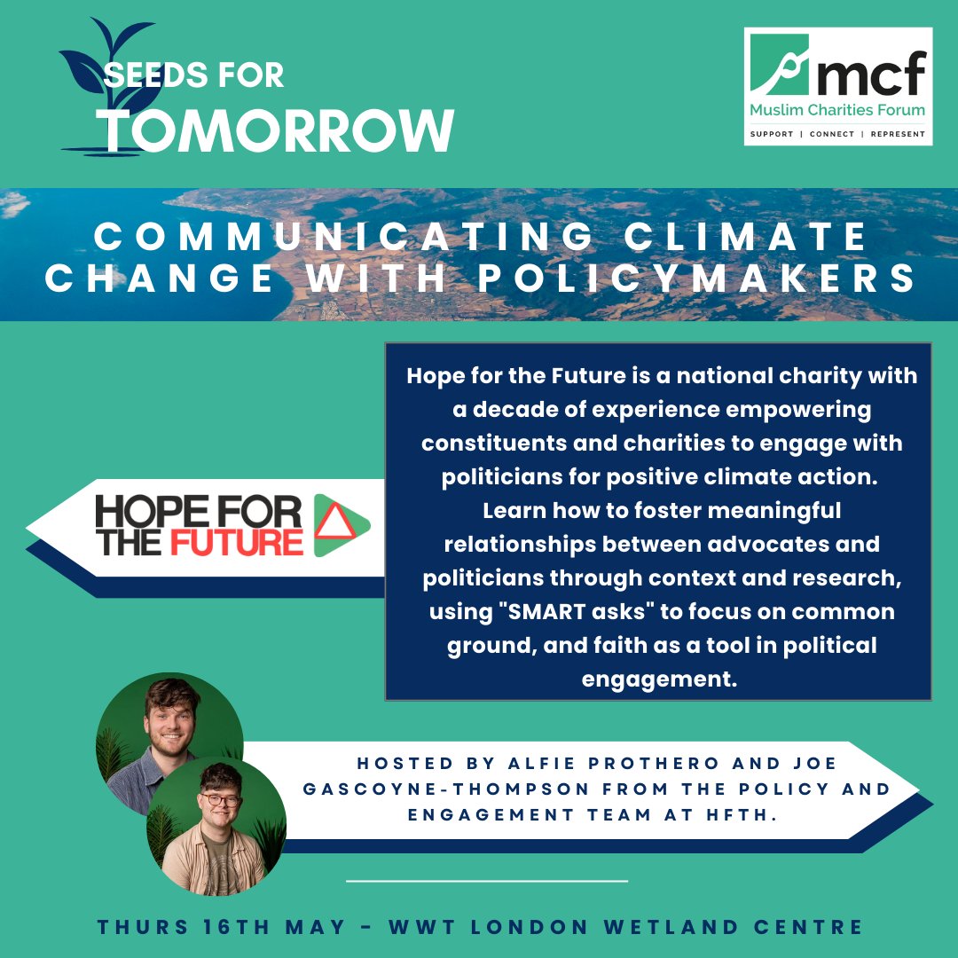 1 week to go! Have you booked your place for our half-day #climateaction conference? Thurs 16th May 12-5pm. Join expert-led practical workshops and join the conversation for tomorrow. Book here: tickettailor.com/events/mcf/122… @ClimateOutreach @zerohour_uk @muslimsdeclare @HopeFTFuture