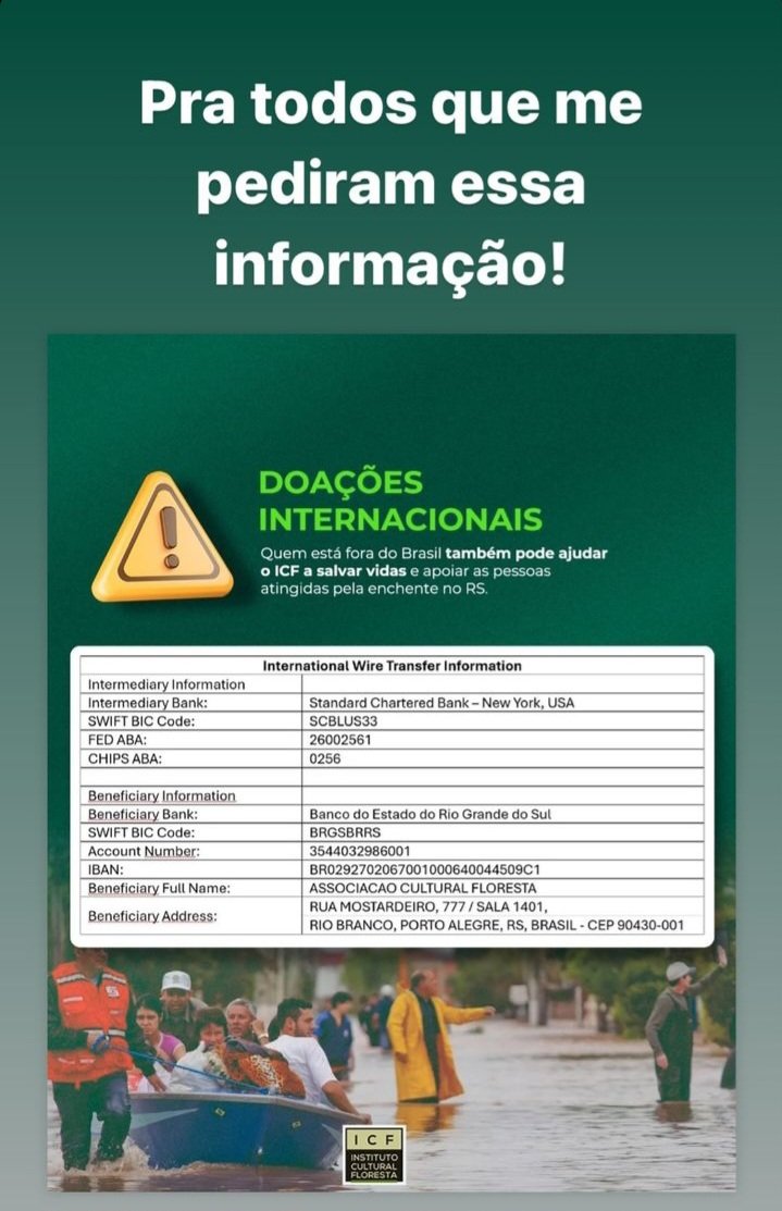 Good morning World Especially to friends who live outside Brazil and want to help, follow the accounts Help, please.Thanks INTERNATIONAL DONATIONS 👇 #SosRioGrandeDoSul