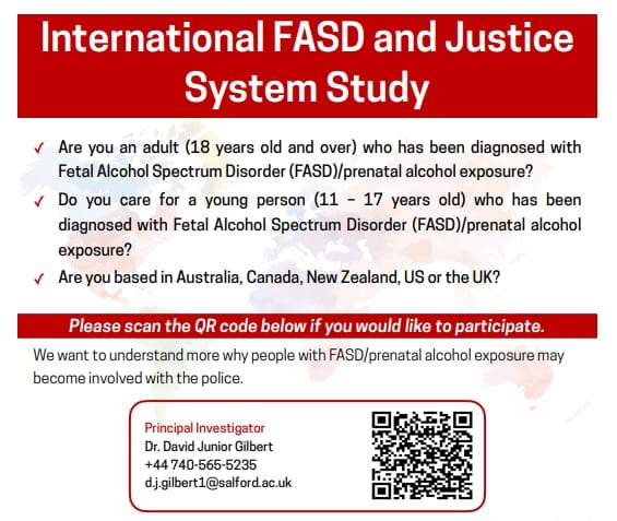 Recruitment is open: Any adults with FASD or those caring for someone with FASD (aged 11-17yrs) from these countries can take part: #Australia, #Canada, #NewZealand #USA, #UK - Contact 📨 d.j.gilbert1@salford.ac.uk