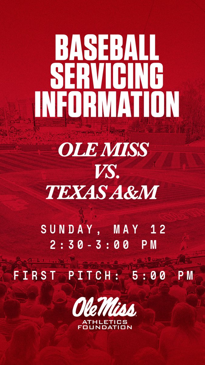 Today's baseball servicing information‼️ 🗓️ Sunday, May 12 🚨@OleMissBSB v. Texas A&M 🏟️ Servicing: 2:30-3:00 PM ⚾️ First Pitch: 5:00 PM