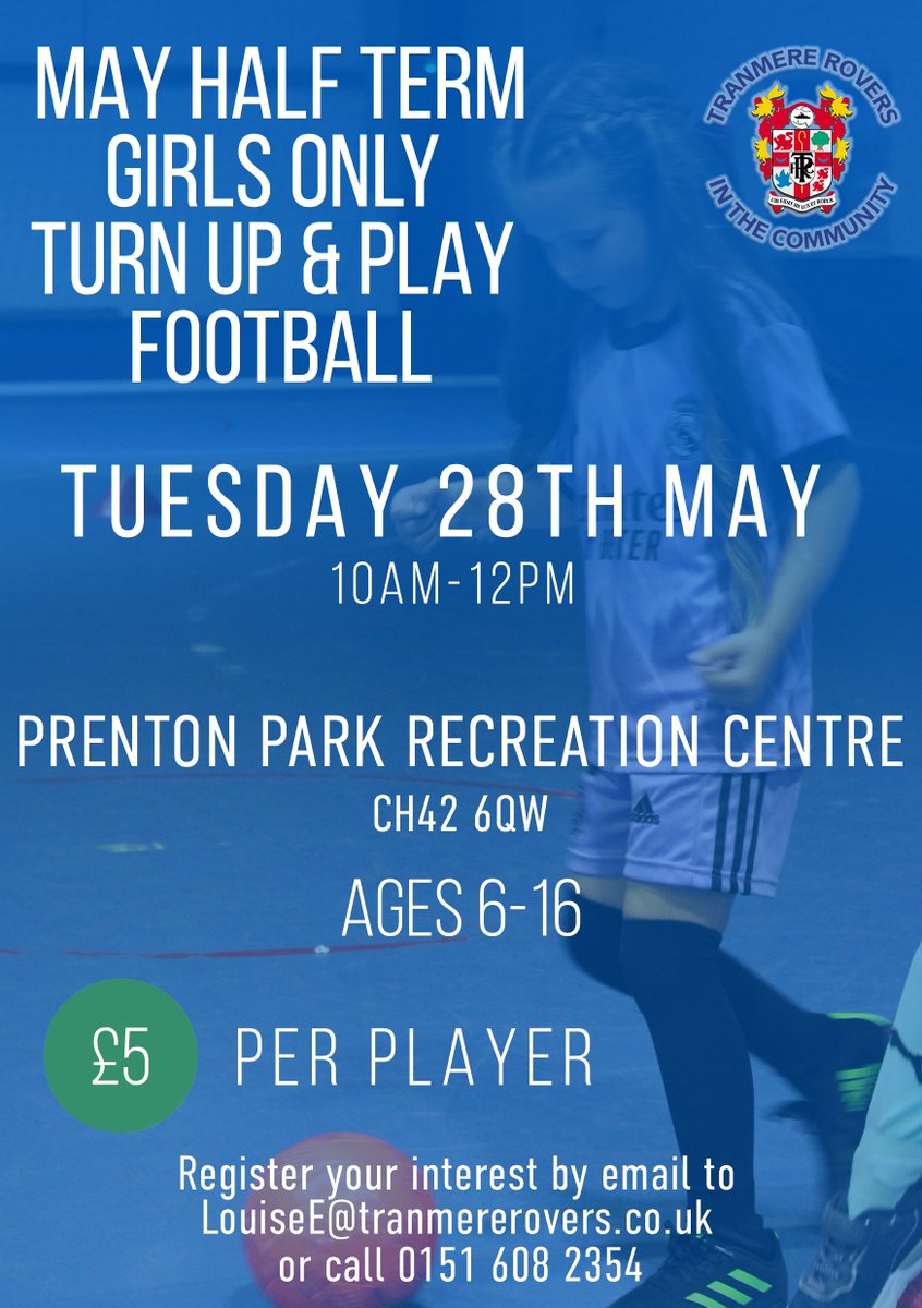 ⚽️ Do you know a girl aged 6-16 who might like to book a place on our May Half Term Turn Up & Play Football session? ⬇️ Here are all the details - email LouiseE@tranmererovers.co.uk to secure a spot. #TRFC #SWA
