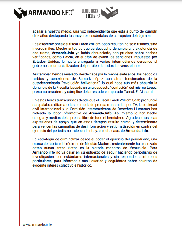 Incomodar al poder NO ES UN CRIMEN ❌ Desde @cuestion_p expresamos nuestra solidaridad con los colegas de @ArmandoInfo, así como con los periodistas Roberto Deniz (@robertodeniz) y Ewald Scharfenberg (@Ewalds6), ante las acusaciones lanzadas por Tarek W. Saab, Fiscal General en…