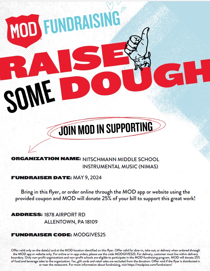 NMSBandOrch's tweet photo. Join us tomorrow night for our Dine to Donate event at MOD Pizza. @NitschmannMS @NIMASParents @nmsbandfront @BethlehemAreaSD https://t.co/uOTnrNbuob