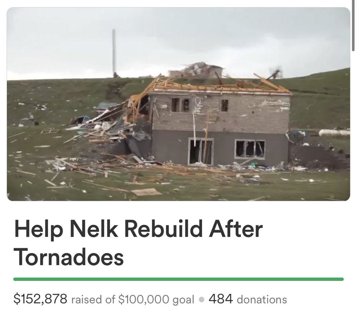 The fundraiser from the <a href="/nelkboys/">Nelk Boys</a> storm chasing collab has now raised over $150,000, surpassing the goal! These funds will go directly to families in need recovering from the recent tornado outbreaks. Check it out here gofund.me/5da982d3