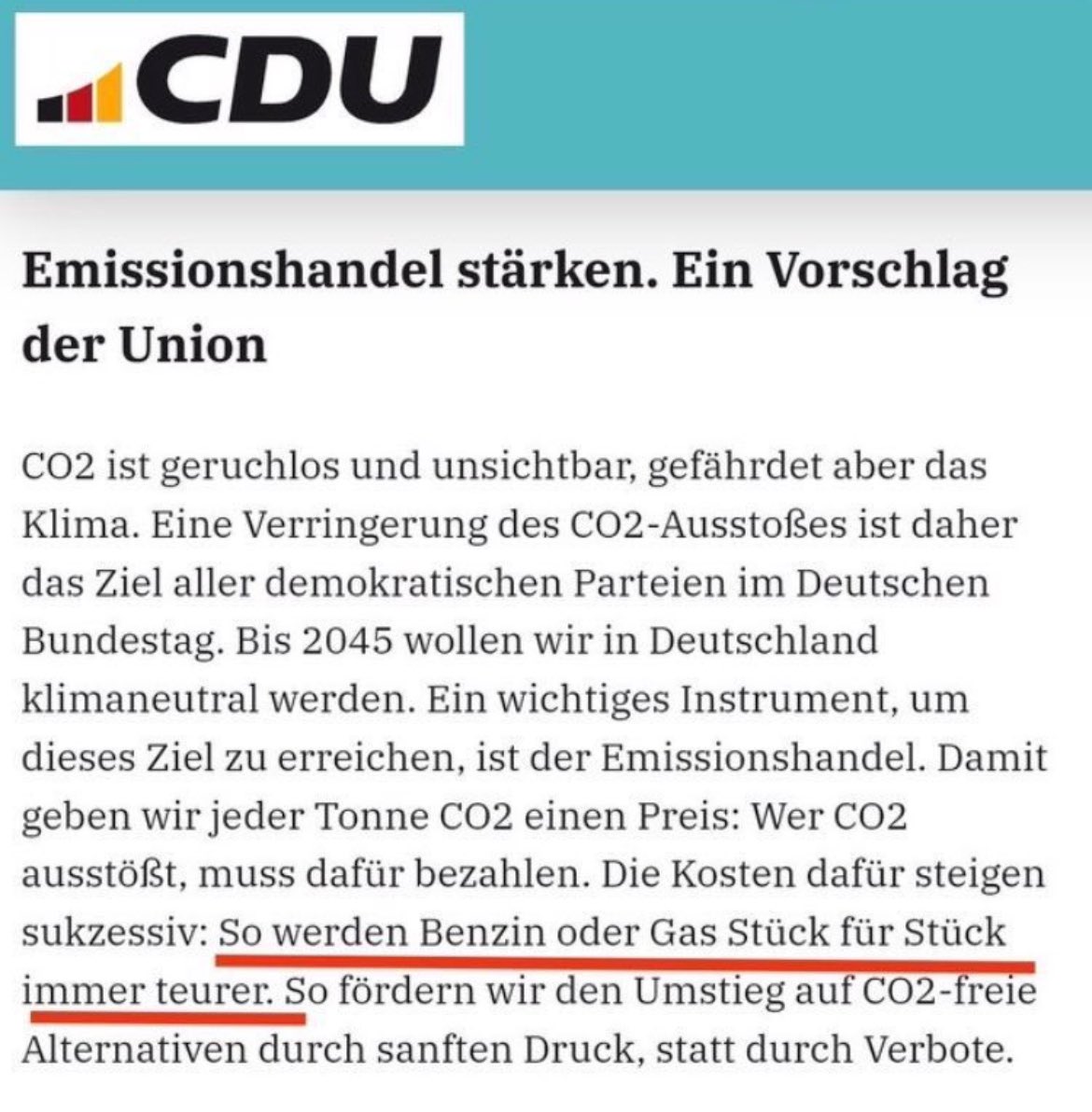 Ein Screenshot von der CDU Homepage, der einen Vorschlag aus dem August 2023 für das Grundsatzprogramm zeigt, das gestern verabschiedet wurde. Im finalen Programm ist der Emissionshandel weiter enthalten, die Folgen sind klar, aber den markierten Satz haben sie gestrichen. Zu…