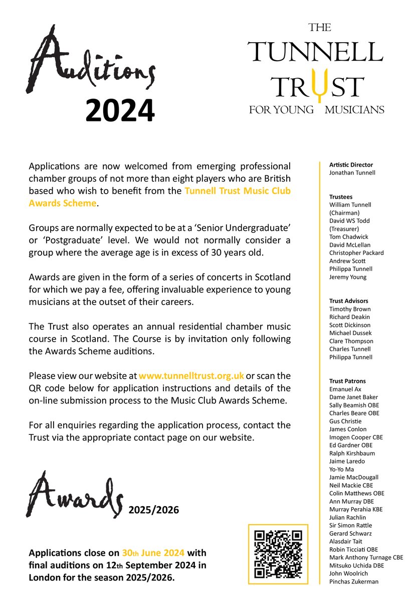 Calling all young chamber groups - Would you like to have some paid concerts? 
Applications to our Awards Scheme are now OPEN! Deadline 30 June. Check out details here:
tunnelltrust.org.uk/awardsscheme/w…