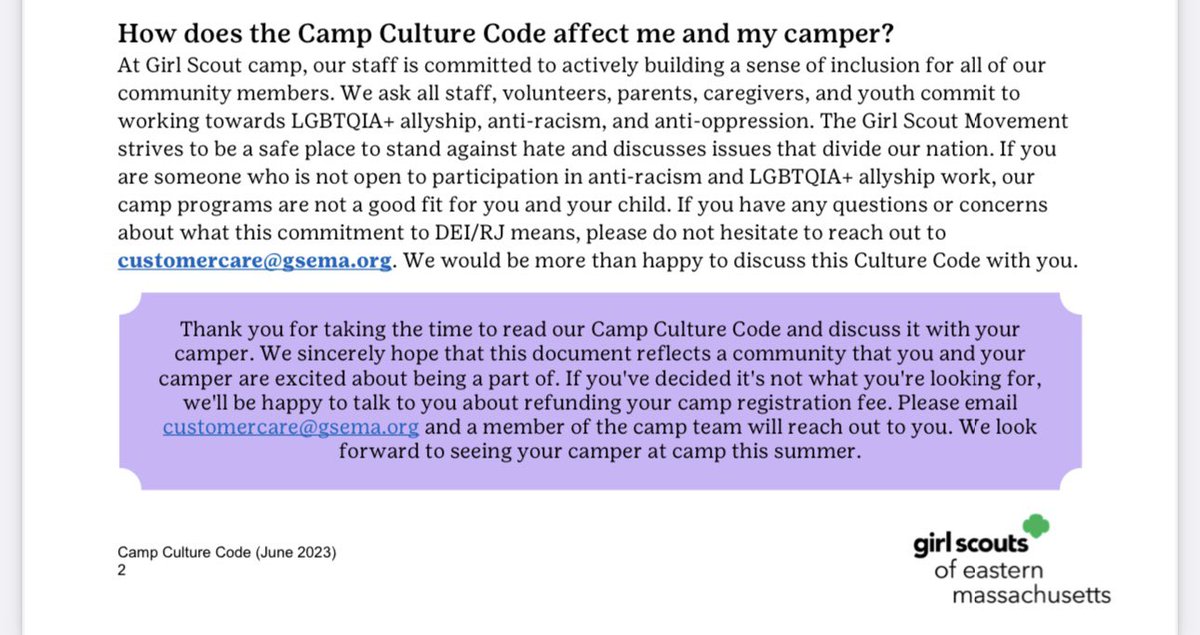 “Youth commit to working towards LGBTQIA+ allyship, anti-racism, and anti-oppression. If you are someone who is not open to participating in anti-racism and LGBTQIA + Allyship work, our camp programs are not a good fit for you and your child.” - Girl Scouts If you don’t…
