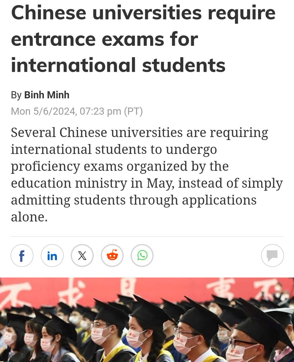 🇨🇳 Entrance exams for international students in Chinese universities. e.vnexpress.net/news/news/educ… I'm trying to imagine if Chinese students were required to do entrance exams for admission to Canadian universities. It would be messy and unfair.