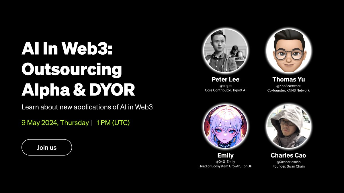 🤖 How can AI be used to find alpha and help degens DYOR? 🎙️ Find out more from our guests: @Knn3Network, @TypoX_AI, @swan_chain & @TonUP_io. 🗓️ 9 May, Thursday | 1 PM UTC ⏰ Set a reminder👇 twitter.com/i/spaces/1gqxv…