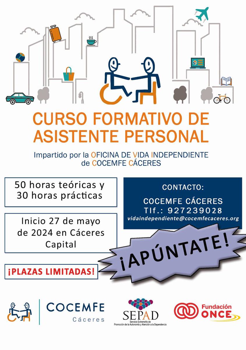 #OVICC
COCEMFE CÁCERES comenzará el 27 de mayo una nueva formación de #AsistentesPersonales. Pueden inscribirse entrar en el siguiente enlace:
forms.gle/LYJNkDevc7Jrr4… 
Financiado por la Fundación ONCE y de la Consejería de Sanidad y Servicios Sociales de la Junta de Extremadura