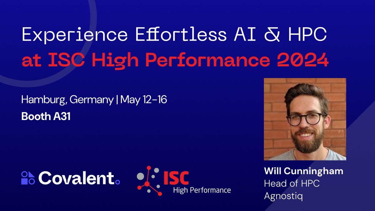 covalentxyz's tweet photo. Attending ISC High Performance 2024 Conference in Hamburg? Will Cunningham, Head of HPC at @AgnostiqHQ , will show you the easiest way to develop and deploy #AI and #HPC in any environment using Covalent.

#ISC24 #ReinventingHPC #genai #llm #scientificcomputing https://t.co/qW30geslLj