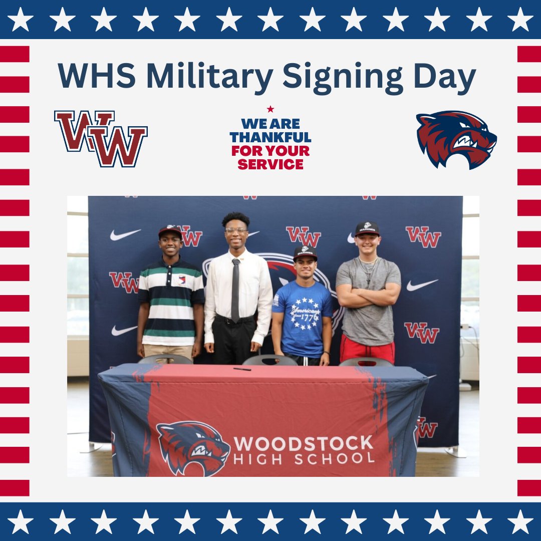 Join us in congratulating our students on Military Signing Day! WHS students pictures (left to right): Kahlil Pendleton, Kenneth Gamble, Jayden Garcia, and Noah Strickland THANK YOU FOR YOUR SERVICE! #WHSCTAE #CTAEDelivers #1Woodstock