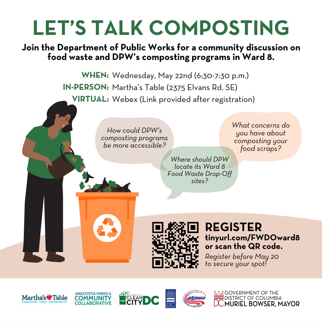 @DCDPW We are looking for help finding the best location for the new Food Waste Drop-Off site in Ward 8! Sign up at forms.office.com/g/uAieaftgAK to participate in @DCDPW's community discussion on May 22nd on composting in Ward 8.