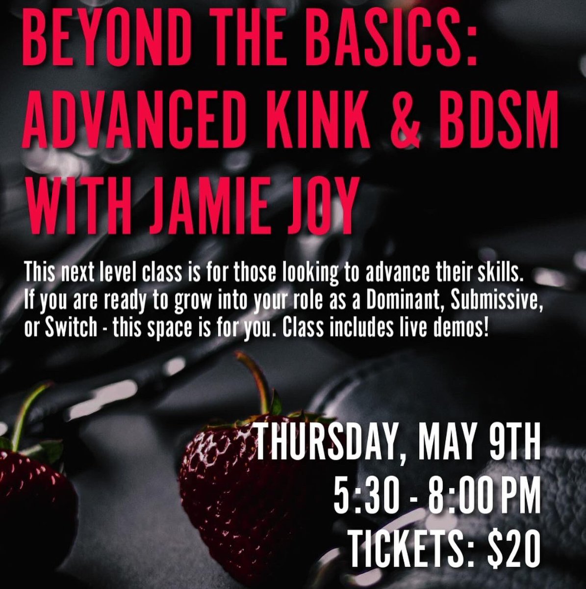 We are very excited to announce two in-store events with queer sex educator #JamieJoy this May! 😍 Here’s the first to get you tantalized! 

🍓May 9th: Beyond the basics: advanced #kink and #BDSM
📍 Good Vibrations, Santa Cruz store

eventbrite.com/e/beyond-the-b…