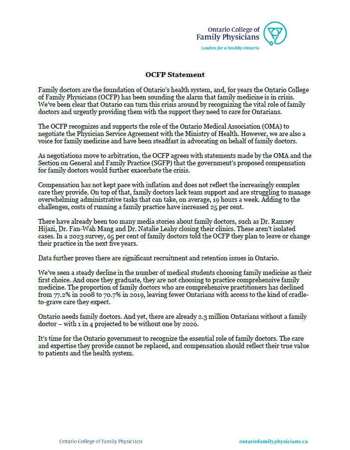 The Ontario government must recognize the essential role of family doctors. The care and expertise they provide cannot be replaced, and compensation should reflect their true value to patients and the health system. See OCFP's statement:ontariofamilyphysicians.ca/news/ocfp-stat…