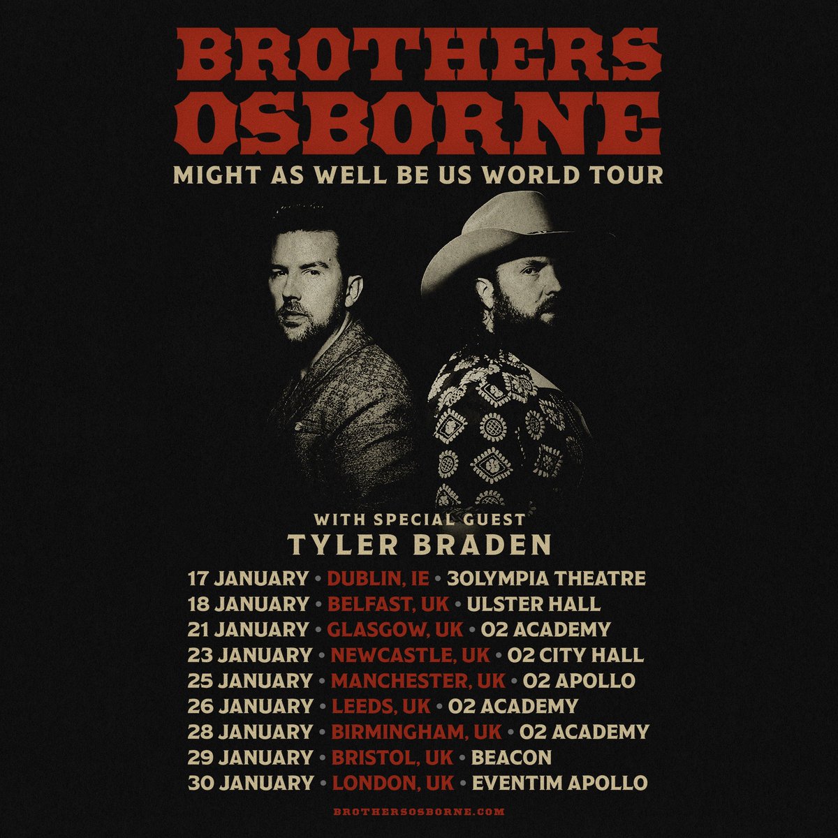 Grammy-award winning country duo @brothersosborne are bringing their 'Might As Well Be Us' World Tour to The UK early next year! Tickets for their January tour go on general sale this Friday at 10am: gigseekr.com/tour/7q8