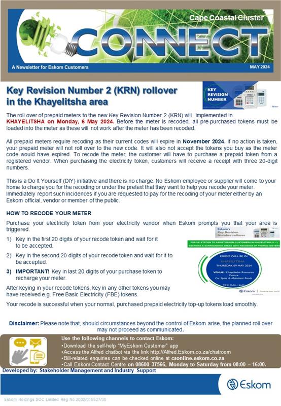 #EskomWesternCape #KRN2RollOver #Khayelitsha Eskom will be assisting customers from the Khayelitsha Resource Centre on Thursday, 9 May 2024, with the recoding of their prepaid meters. #RecodingMeters